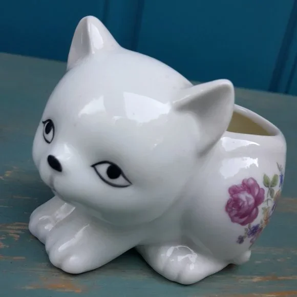 Vintage Ceramic Cat Planter Porcelain Cat Dish Candle Bowl Japan Flowers - Picture 4 of 16